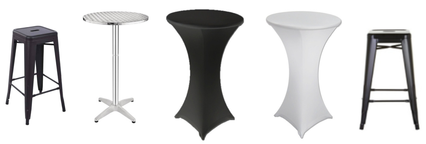 Chrome dry bar tables, black or white lycra bar table covers & black metal bar stools